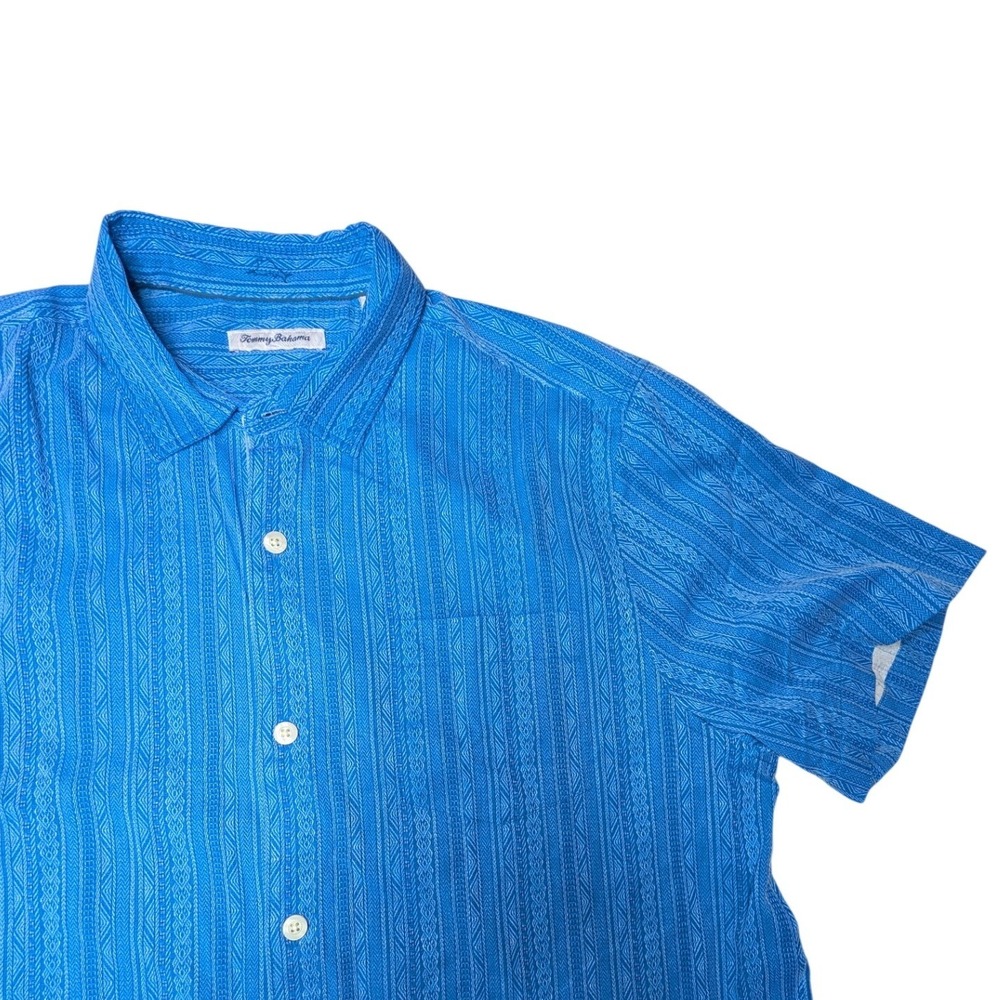 Tommy‎ Bahama Mens XL Blue 100% Silk Textured Stripe Short Sleeve Camp Shirt